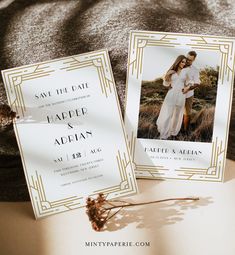 two wedding cards sitting on top of a bed next to each other with an image of a man and woman