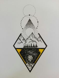 a drawing of mountains and trees on a white paper with yellow border around the edges