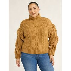 Take ski chalet style off the slopes and into your everyday look with Scoops Cable Knit Fringe Turtleneck Sweater. Crafted in a soft, chunky knit ideal for chilly weather and features a cable-knit design and eye-catching fringe detail for added dimension. Perfect for adding a touch of vintage-inspired flair to your cozy wardrobe essentials. Pair with our Low-Slung Wide Leg Jeans and Moto Buckle Flats (sold separately) for a city-chic look fused with aprs ski vibes. Only at Walmart. Size: 2X.  Color: Brown.  Gender: female.  Age Group: adult. Ski Vibes, Chunky Pullover Sweater, Cozy Wardrobe, Buckle Flats, Knit Fringe, Cable Knit Turtleneck, Chunky Knit Jumper, Chalet Style, Womens Tops Dressy