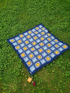 a blue and yellow blanket laying on top of green grass in front of some bushes