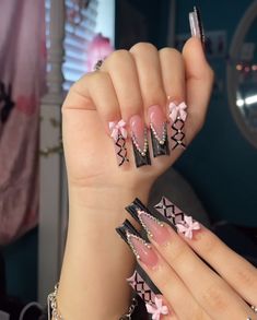 #nails Black Nails With Red Bottoms And Rhinestones, Black Pink White Nails, Xl Baddie Nails, Y2k Nails Black And Pink, Pink Black And Gold Nails, Nails Acrylic Pink And Black, Long Acrylic Nails With Initials, Pink Nail Designs With Rhinestones, Black Nails Baddie