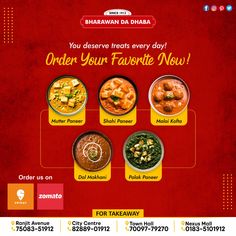 Let us satisfy the connoisseur in you ! ORDER YOUR FAVORITE NOW For Takeaways, Please Contact On For Takeaways, Please Contact On number mentioned below - Ranjit Avenue - 7508351912 City Centre - 8288901912 Town Hall - 7009779270 Nexus Mall - 0183-5101912 #bharawandadhaba #multicuisinerestaurant #pureveg #since1912 #worldfamous #breakfast #lunch #dinner Design Produk, Typography Shirt Design, Malai Kofta, Food Menu Design, Social Media Poster, Food Poster Design, Amritsar, Design Graphics, Social Media Design Graphics