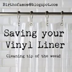 a shower curtain with the words saving your vinyl liner cleaning tip of the week on it