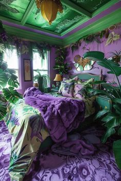 a bed room with a neatly made bed and lots of plants