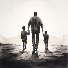 a man and two children walking on the beach with their hands in each other's pockets