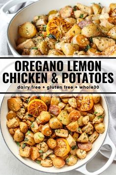 a pan filled with cooked lemon chicken and potatoes