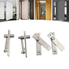 four different types of doors and handles in various styles, sizes and colors are shown