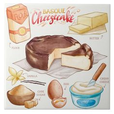 a drawing of cheesecake with ingredients to make it