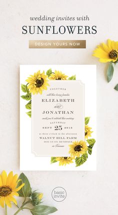 sunflower wedding invitation Wedding Sunflower Bouquets, Sunflower Table Decor, Sunflower Wedding Theme, Sunflower Frame, Sunflower Decorations, Sunflower Table, Sunflower Cake, Fall Yellow