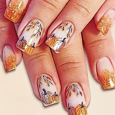 Amazon.com : fall nail Fall Acrylic, Nails Short Square, Thanksgiving Nail Designs, Nail Art At Home, Nails Tips, Orange Glitter