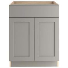 a gray cabinet with two doors and one drawer on the bottom, in front of a white background