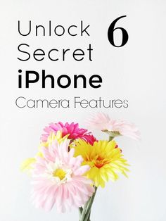 a vase filled with pink and yellow flowers on top of a white wall next to the words unlock secret iphone camera features