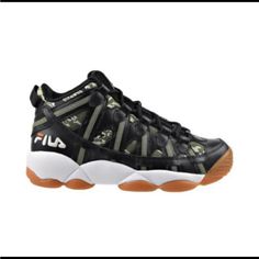 “The Fila Men's Stackhouse Spaghetti Basketball Shoe Is Sure To Stand Out On The Court Or For Daily Wear With A New Camo Print Underlay Design.” The Color-Way Is: Black / White / Chive (1bm01270-017) Features Include: Leather / Textile / Synthetic Embroidered Logos On Tongue, Toebox, Heel, And Back Pull Tab Camouflage Print Underlays Throughout White Midsole And Gum Outsole Padded Mesh Tongue Pull Tab On Heel Padded Collar Brown Casual Shoes, Shoes Fila, Blue Basketball Shoes, Camo Sneakers, Black Casual Shoes, High Top Basketball Shoes, Black Basketball Shoes, Fila Shoes, Camouflage Print