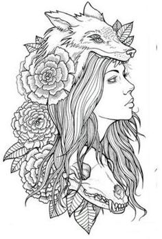 a drawing of a woman with flowers on her head and a fox's head