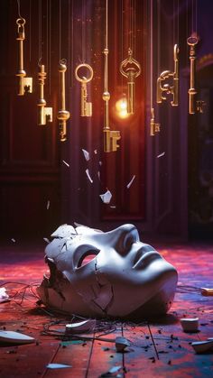 a white mask is laying on the floor in front of an assortment of keys and chandeliers