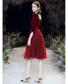 Shop Tulle Velvet A Line Short Burgundy Party Dress With Sleeves online. All instock with free shipping. Pro since 2009. Party Dress With Sleeves, Burgundy Party Dress, Burgundy Party, Party Dresses With Sleeves, A Line Shorts, Dress With Sleeves, Lovely Dresses, Gorgeous Dresses, I Dress