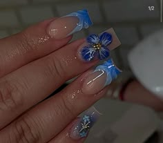 Light Blue Acrylic Nails Design Simple, Blue Nail With Flower, Mail Designs Square, 3d Flower Nails Blue, Blue Square Nails Design, Navy Summer Nails, Nail Designs Summer Square, Blue 3d Flower Nails, Blue Gel X Nails