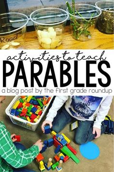 two children playing with toys in plastic containers and the words, fun activities to teach parables