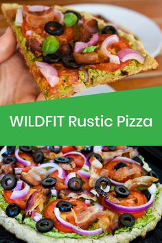 a person holding up a slice of pizza with olives and tomatoes on it in front of an advertisement for wildfit rustic pizza