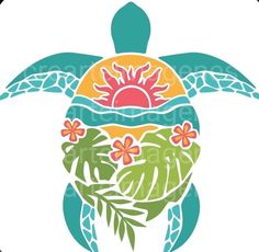 an image of a turtle with flowers and leaves on it's back in the shape of a circle