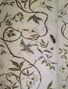 the wall paper is decorated with flowers and butterflies