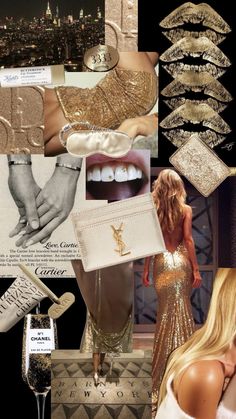 the collage shows gold and white accessories, including shoes, lipstick, handbags