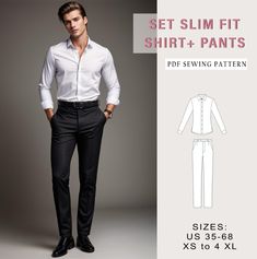 Digital sewing pattern for Bundle Set Men Shirt and Pants. ✔️ US Sizes: 2, 4, 6, 8, 10, 12, 14, 16, 18, 20, 22, 24, 26, 28, 30 ✔️ Standard sizes: XS, S, M, L, XL, 2XL, 3XL, 4XL/5XL ✔️These templates are suitable for A4, A0 and US Letter size paper. When you purchase this pattern, you will receive a digital (pdf) sewing pattern and instructions. Once your payment processes, you will automatically receive a download links of pattern files. If you have any problem accessing the files, please don't Sewing Patterns Men, Mens Sewing Patterns, Pants Sewing Pattern, Pants For Men, Sewing Pattern Sizes, Men Shirt, Slim Fit Pants, Slim Fit Shirt, Fit Pants