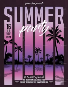 a flyer for a summer party with palm trees and the sun setting in the background