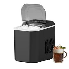 an image of a cooler with ice in it and a mug next to it on a white background