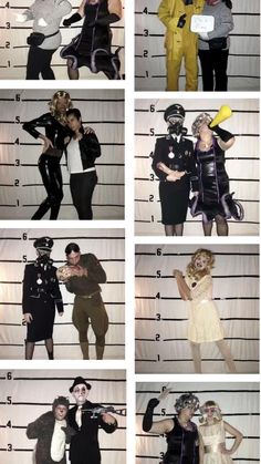 several pictures of people dressed in costumes and posing for the same photo as they stand next to each other