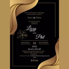 an elegant black and gold wedding card with swirls on the edges, in shades of brown