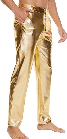 Men's Gold Metallic Shiny Disco Straight Leg Pants Imported 95% Polyester, 5% Spandex Zipper closure Hand wash/ Machine wash US Size Size Waist 29-31 S 29-31" 32-34 M 32-34" 35-37 L 35-37" 38-40 XL 38-40" 42-44 2X 42-44" Gold Stretch Full Length Bottoms, Gold Stretch Trousers, Gold Fitted Straight Leg Pants, Fitted Straight Leg Gold Pants, Winter Knit Hats, Mens Dress Pants, Boot Accessories, Mens Gold, Us Man