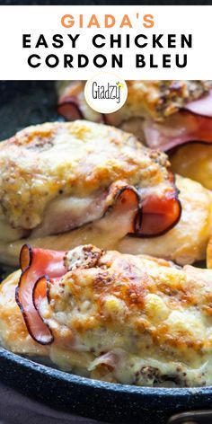 an easy chicken cordon bleu recipe in a cast iron skillet with text overlay