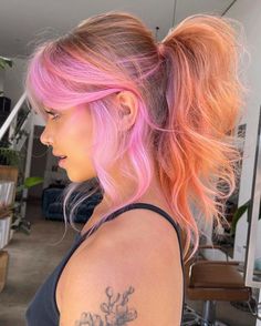 Blonde Sunset Hair, Colorful Hair For Blondes, Statement Hair Color, Colors With Blonde Hair, Pink Hair Ideas For Blondes, Blonde Hair With Color Peekaboos Summer, Blonde And Colorful Hair, Vivid Hair Color Ideas Blondes, Cool Hair Color Ideas For Blondes