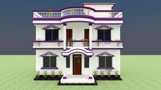 a white and purple house with balconies on the second floor is shown in 3d