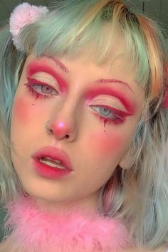 Fun Pink Eye Makeup, Pink Makeup Looks Alternative, Trapeze Artist Makeup, Monochromatic Pink Makeup, Pink Candy Makeup, Pink Grunge Makeup Looks, Pastel Eye Makeup Looks, Pink Demon Makeup, Pink Carnival Makeup