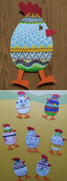 paper cut out chickens and an image of the same chicken with different patterns on them