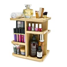 a wooden shelf filled with lots of beauty products