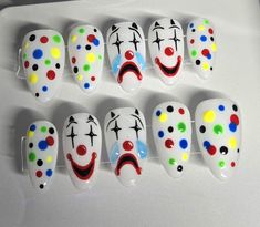 CLOWN PRESS ON NAILS (primary colors) ❤️💙💛Handpainted with Love.  These press ons are made of 100% hard gel so they are strong ,durable and reusable! All press on purchases include a prep kit, instructions and glue . Everything you need to apply your nails. 💅💫 For custom orders please feel free to message me on instagram at @setsbyjazz. Art The Clown Nail Art, Clown Nail Art Halloween, Nails Primary Colors, Clown Nails Designs, Clowncore Nails, Clown Nail Art, Clown Nails, Clown Party, Press On