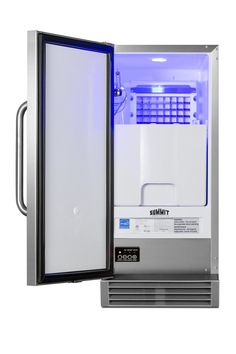 an open refrigerator with the door opened and lights on it's side, in front of a white background