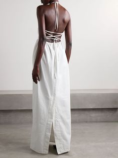 MAX MARA Europa open-back pleated cotton-canvas maxi dress | NET-A-PORTER Chic Cotton Halter Neck Maxi Dress, Chic Cotton Backless Dress, Chic Backless Cotton Dress, Elegant Cotton Backless Dress, Elegant Backless Cotton Dress, White Cotton Maxi Dress With Tie Back, Chic Cotton Backless Maxi Dress, White Cotton Halter Neck Maxi Dress, Backless Cotton Midi Dress