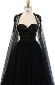 Black Fitted Gown With Cape Sleeves, Black Evening Dress With Sheer Bodice For Banquet, Black Tulle Gown For Banquet, Black Tulle Gown For Evening, Black Gown With Cape Sleeves For Evening, Black Gala Dress With Cape Sleeves, Evening Dress With Sheer Cape Sleeves, Black Gown With Cape Sleeves, Black Party Gown With Sheer Sleeves