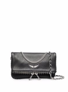 Black leather Nano studded mini bag from Zadig & Voltaire featuring rounded stud embellishments, a foldover top with magnetic closure, a detachable shoulder strap, silver-tone hardware, a top zip fastening, rhinestone embellishments and a back zip fastening. | Zadig & Voltaire Nano studded mini bag Rhinestone Embellishments, Fashion Wishlist, Black Leather Purse, Dolce E Gabbana, Black Bag, Magnetic Closure, Sneakers For Sale, Body Bag