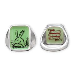 This rabbit ring has a vintage feel both in color and drawing style. it's unique and masculine with a hidden banner message on the underside reminding you to "follow your heart" .Built for comfort, this hefty sterling silver signet ring looks great on a pinky finger or wear it big and bold on your ring , middle or index finger.My original drawing is screen printed and fired on three layers of vitreous enamel at 1400 degrees making for a waterproof, durable and vibrant finish. The face of the rin Silver Signet Ring Mens, Banner Message, Bunny Ring, Mens Signet Ring, Rabbit Ring, Pinky Finger, Rabbit Gifts, Vitreous Enamel, Signet Ring Men