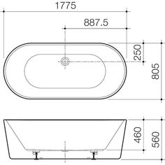 the bathtub is shown with measurements for each side, and has an oval shape