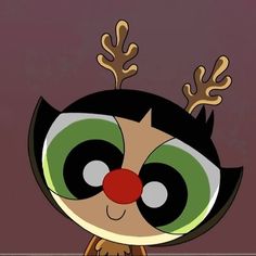 a cartoon character with reindeer antlers on his head and green eyes, wearing a red nose