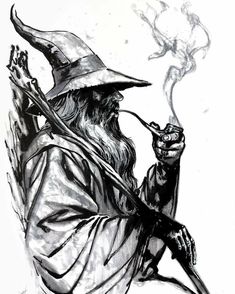 a drawing of an old wizard with a pipe