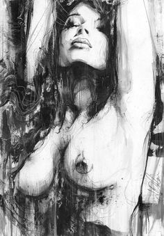 a black and white drawing of a naked woman