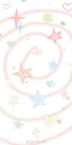 an abstract background with stars and swirls in pastel pink, blue, green, yellow