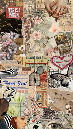 a collage of different images with words and pictures on the bottom, one has a hand holding a birdcage